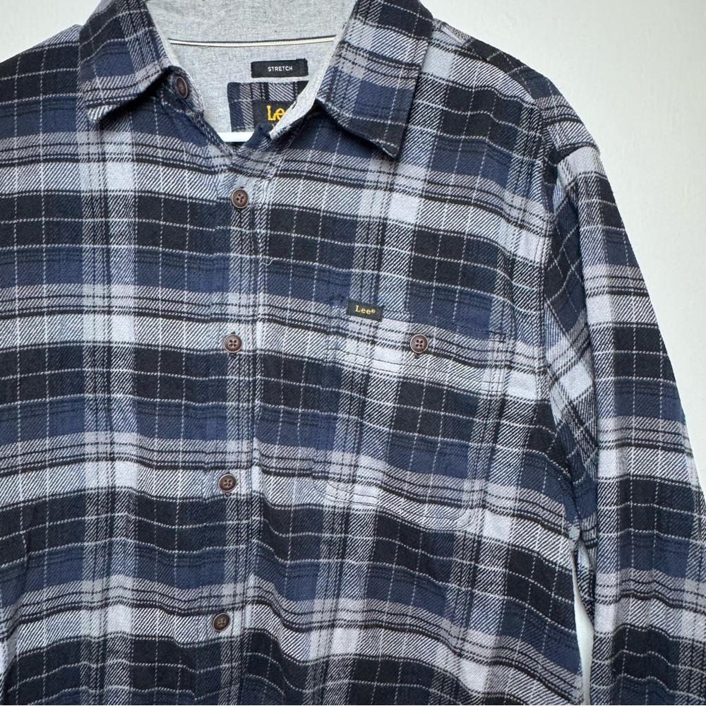 Lee Flannel Shirt Mens Large Blue Grey Plaid Regular Fit Heavy Button Up Outdoor